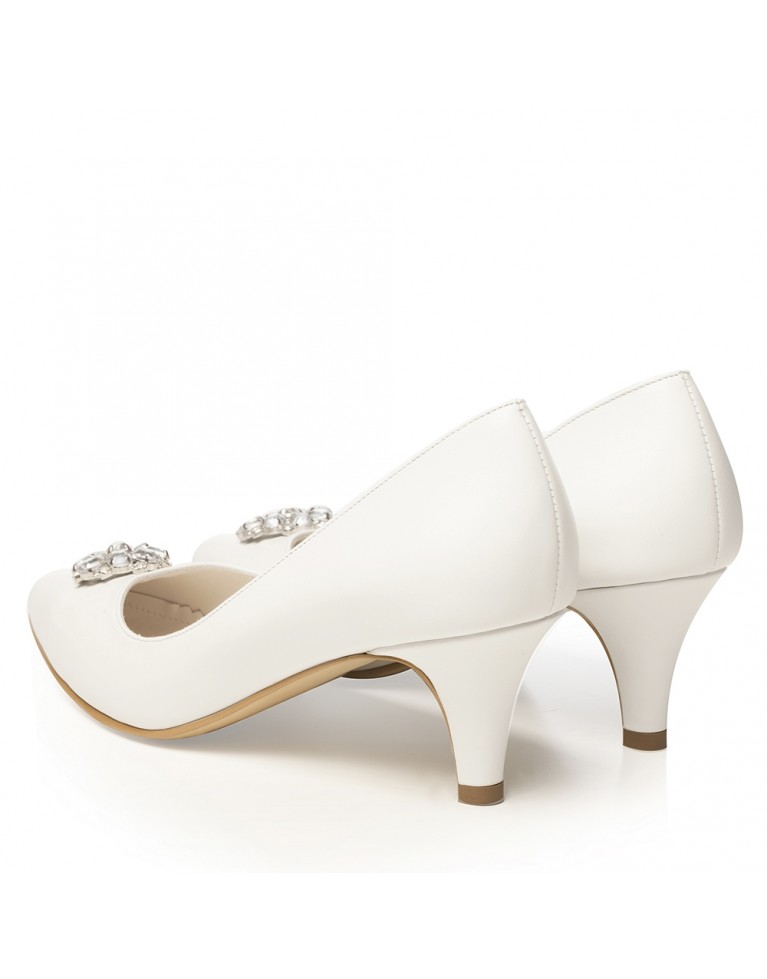 Pantofi de mireasa albi cu toc mic si accesoriu pietre Élise