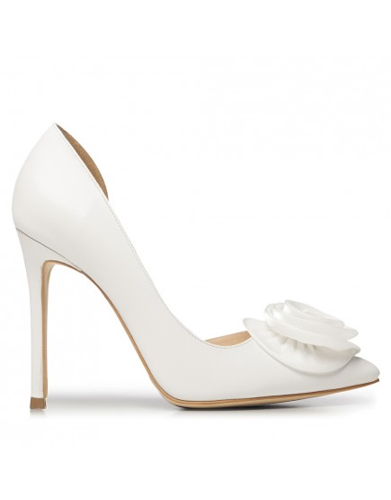 Pantofi de mireasa albi decupati cu accesoriu satin si pietre D'Orsay 